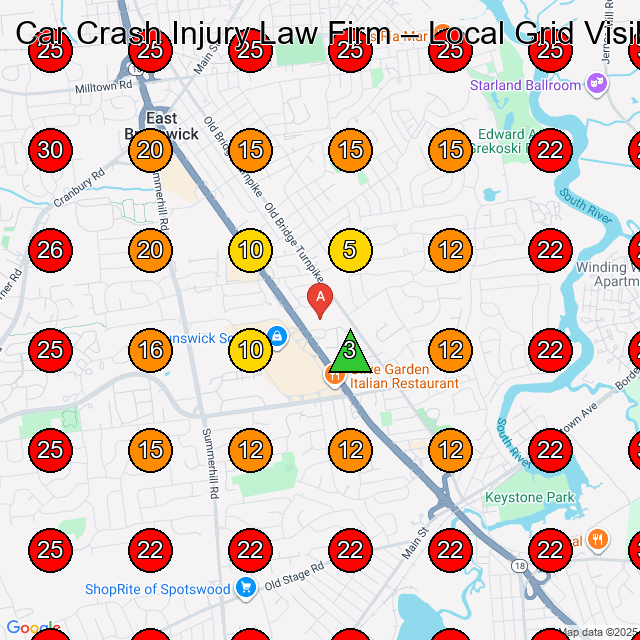 Car Crash Injury Law Firm GeoGrid visibility map for Medical Spa in East Brunswick